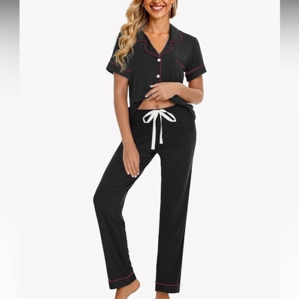 Black Button Down Notch Collar Pajamas with Pink trim #C86